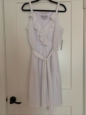 Emma and Michele White Eyelet Ruffle Midi Dress with Tie Waist